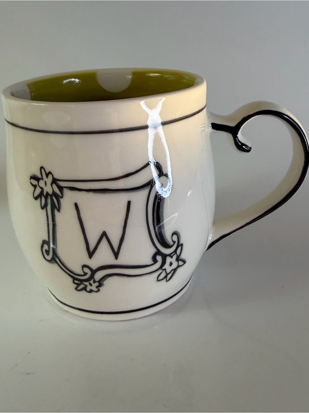 Molly Hatch Monogram W Ceramic Accent Mug in White with Olive Interior